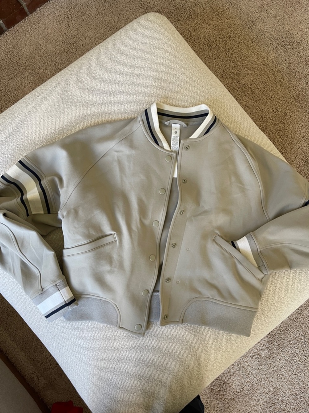 lululemon athletica Tan Bomber Jacket with Navy and white Trim